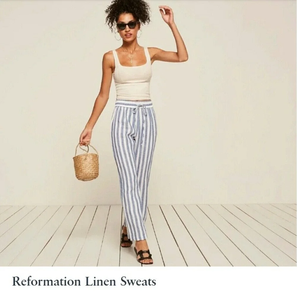 Reformation Blue White Stripe 100% Linen Wide Leg Drawstring Pants Womens XS